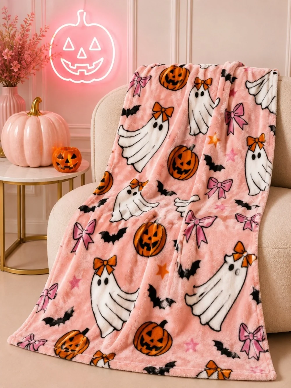 Pink Halloween Ghost Plush Throw Blanket Bats Pumpkins Bows 60x70 Soft